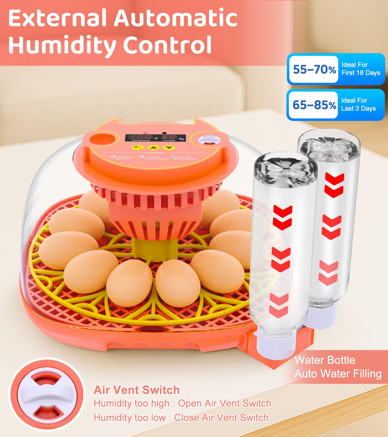 Brnvl built-in egg candler lets you observe development through the transparent lid