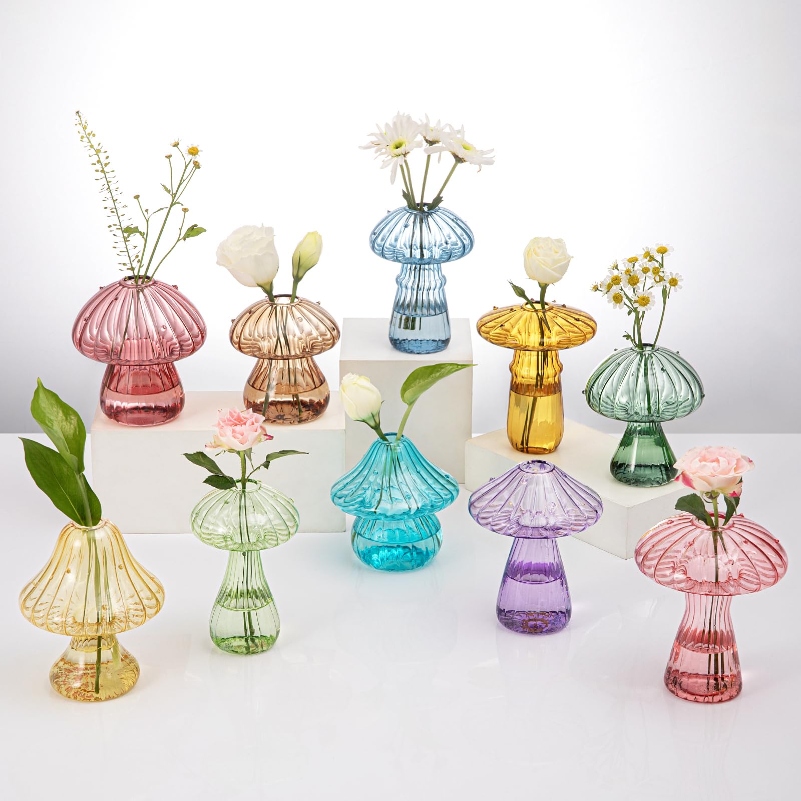BROPGOD mushroom glass vases set of 10 arranged together for vibrant indoor decor.