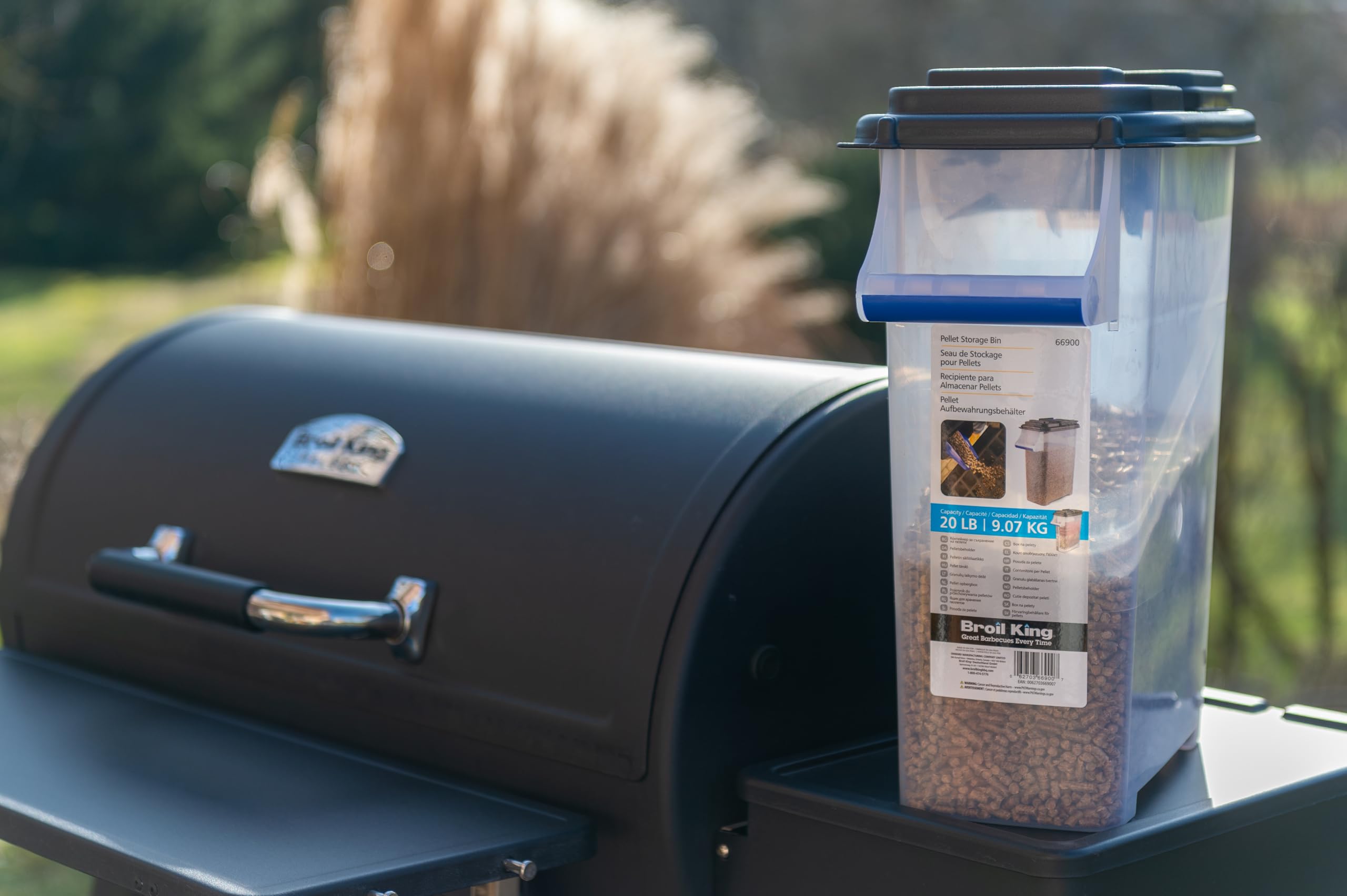 Broil King 66900 pellet storage bin multi-use for pellets charcoal seeds