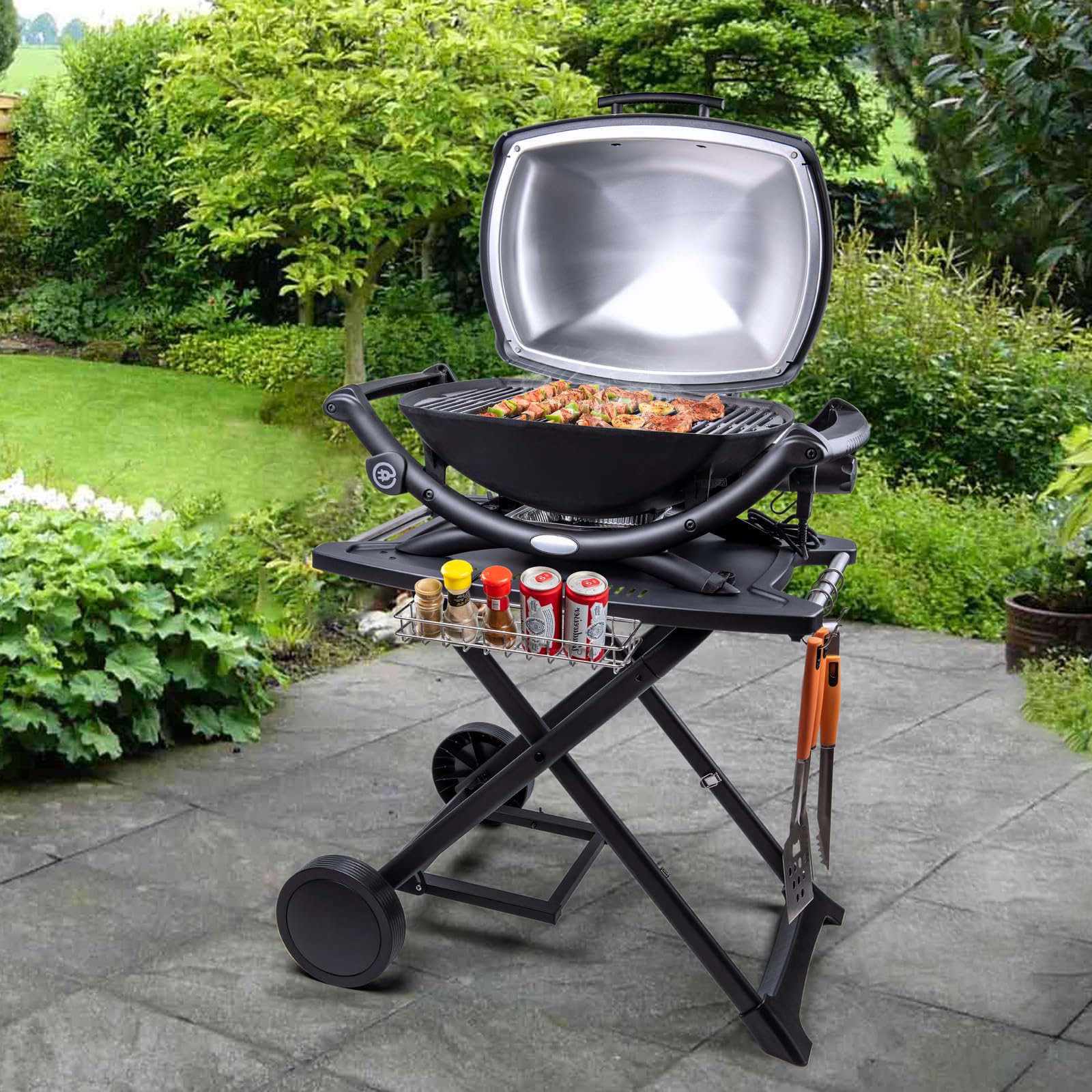 Broil-X storage basket and hooks organize seasonings and tools.