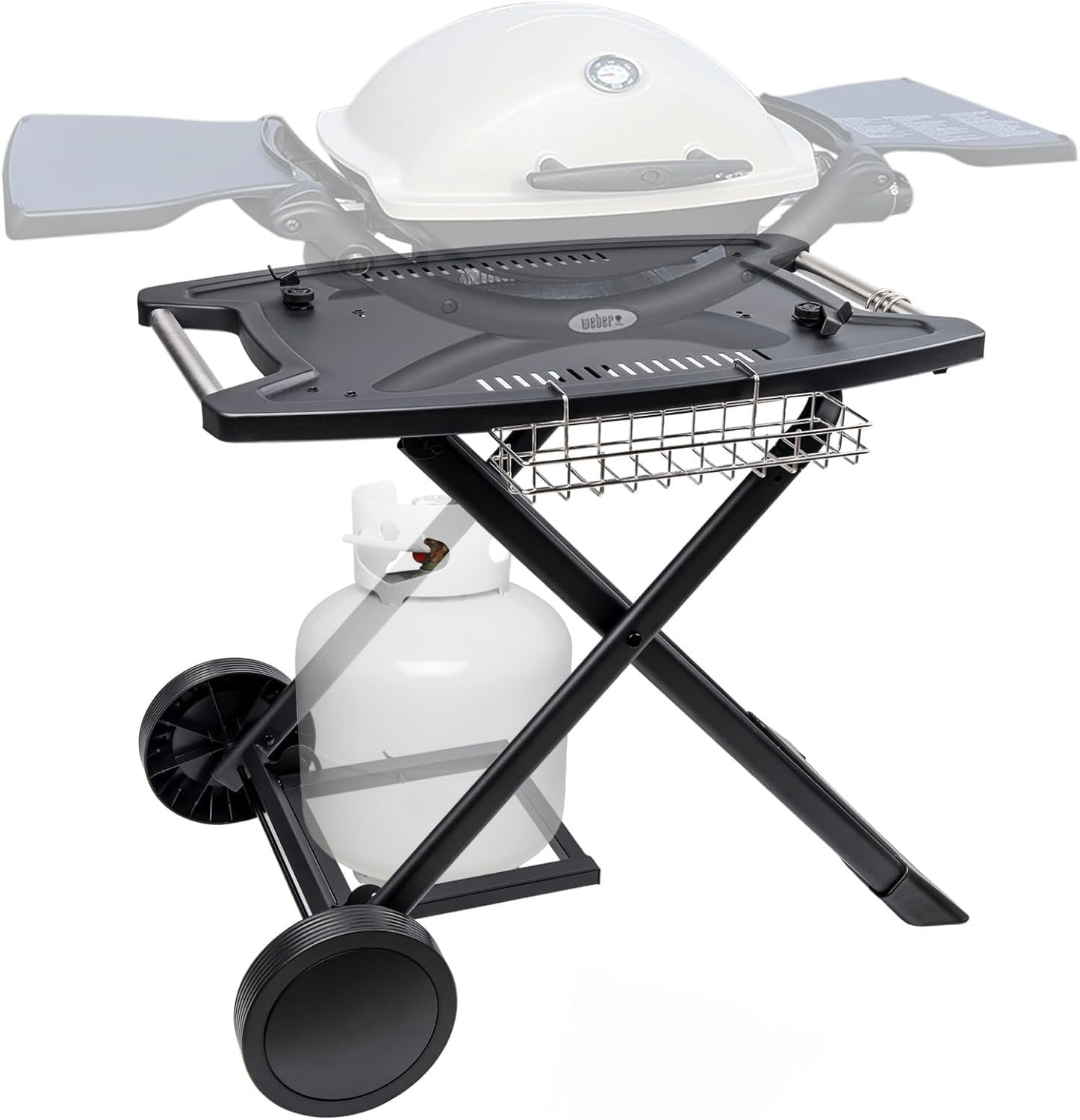 Broil-X portable cart fits Weber Q1000 and Q1200 for easy outdoor grilling.