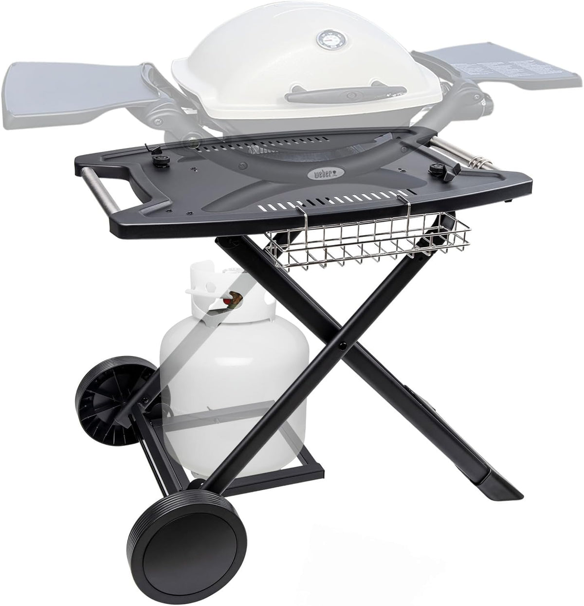 Broil-X portable cart fits Weber Q1000 and Q1200 for easy outdoor grilling.