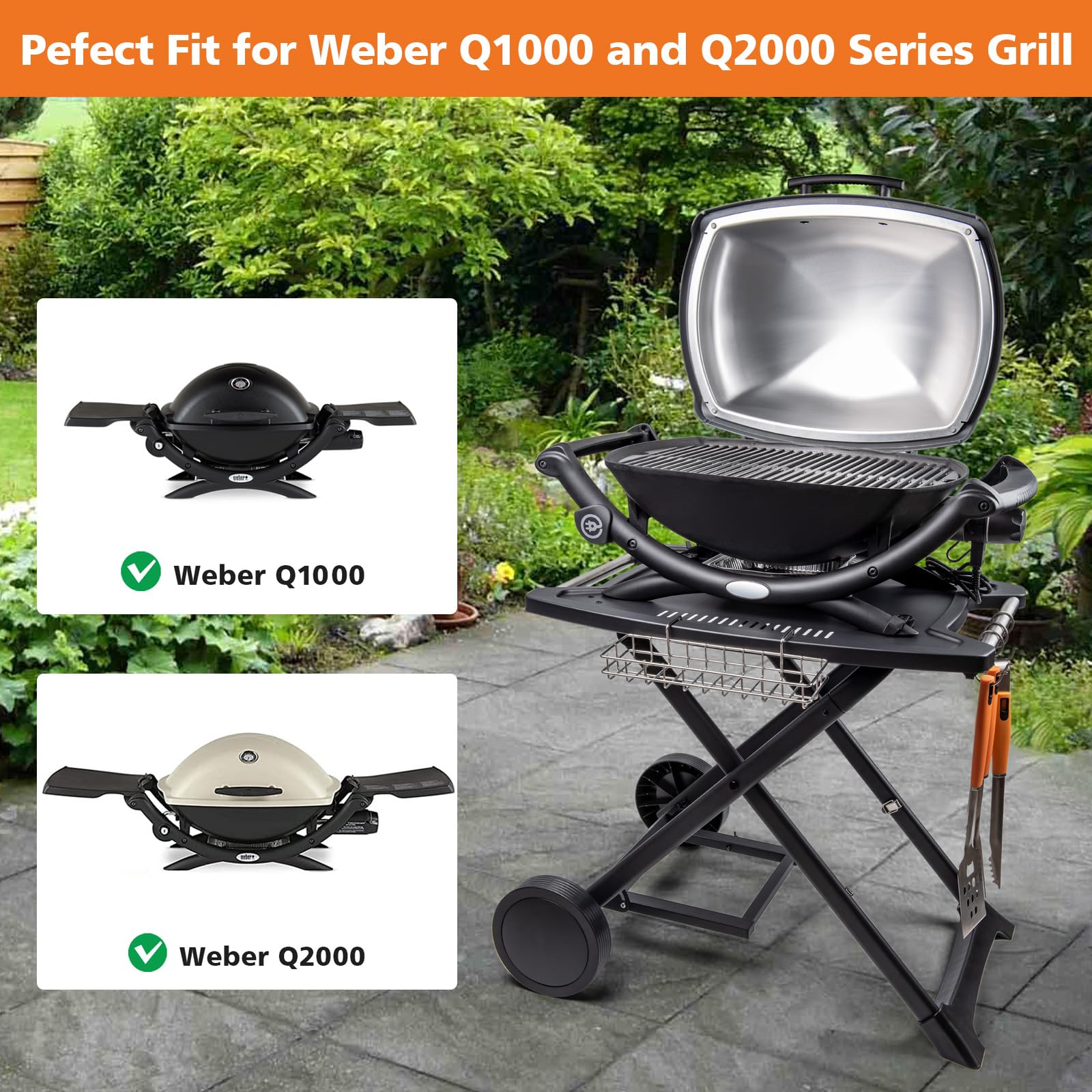 Broil-X portable cart supports Weber Q2000 series with stable wheeled mobility.