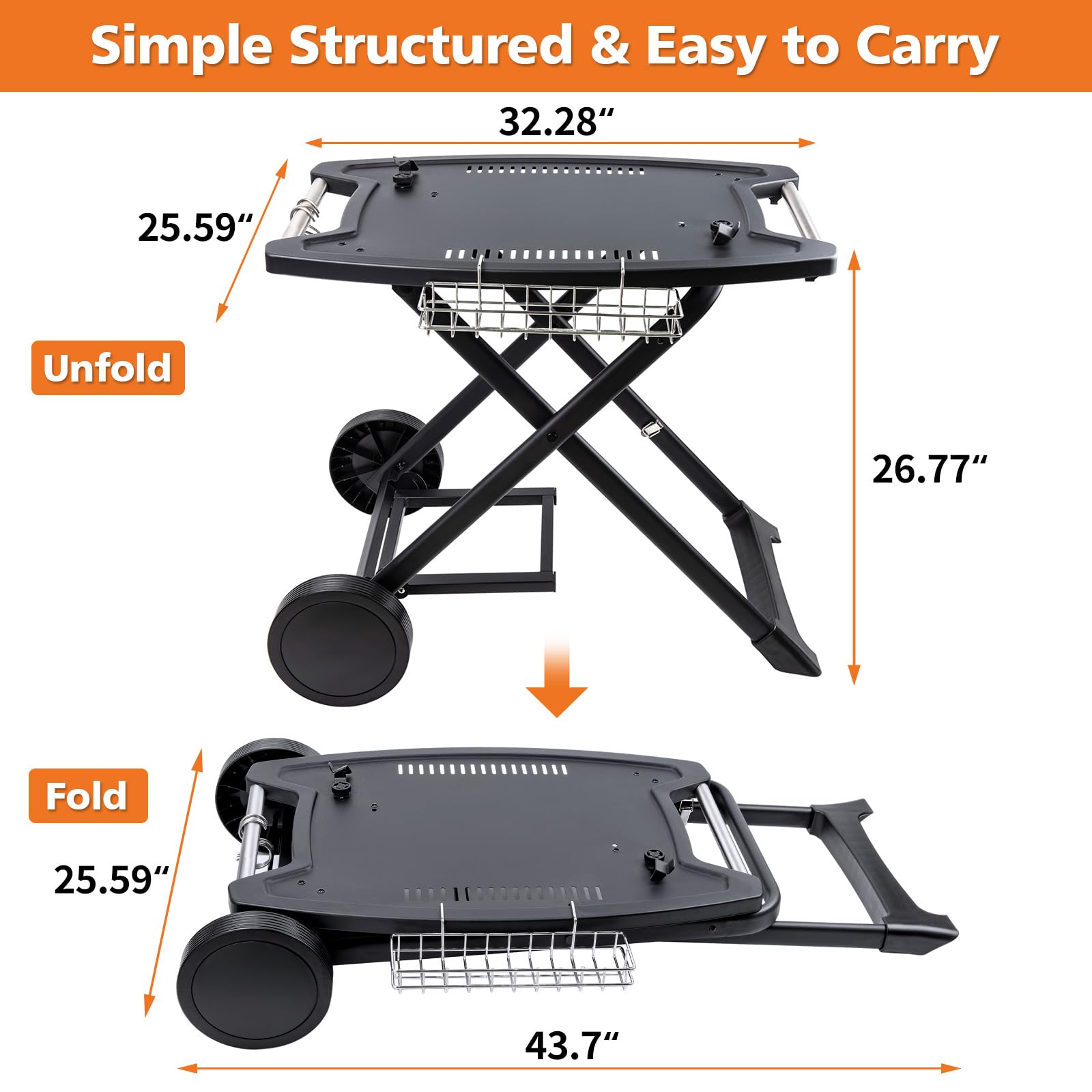 Broil-X cart front view highlights foldable frame for compact storage.