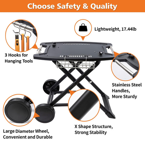 Broil-X wheels enable smooth mobility across patios and lawns.
