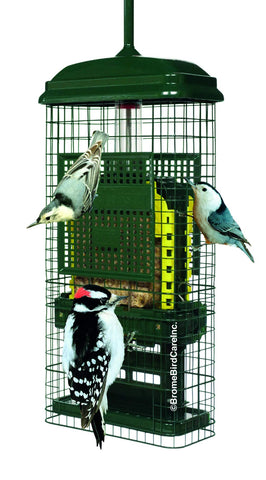 Brome Squirrel Buster feeder front view with dual suet trays for easy feeding