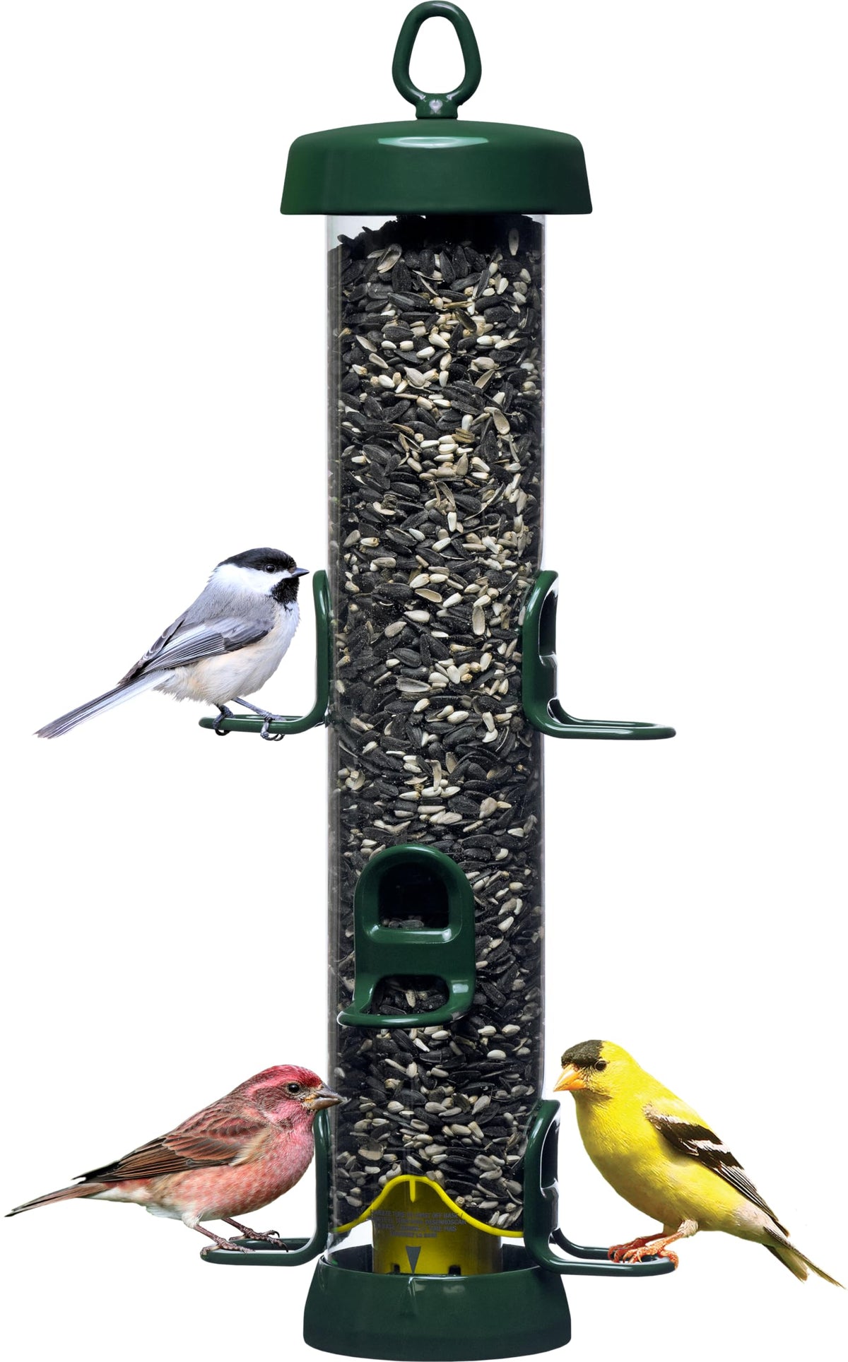 Brome Tube 200 wild bird feeder front view with six ports for easy multi-bird feeding.
