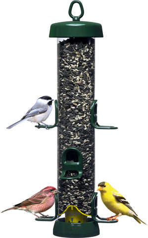 Brome Tube 200 wild bird feeder front view with six ports for easy multi-bird feeding.
