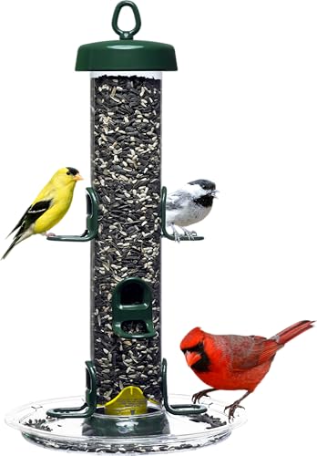 Brome Tube 200 wild bird feeder side view highlighting extra-wide perches for comfortable feeding.