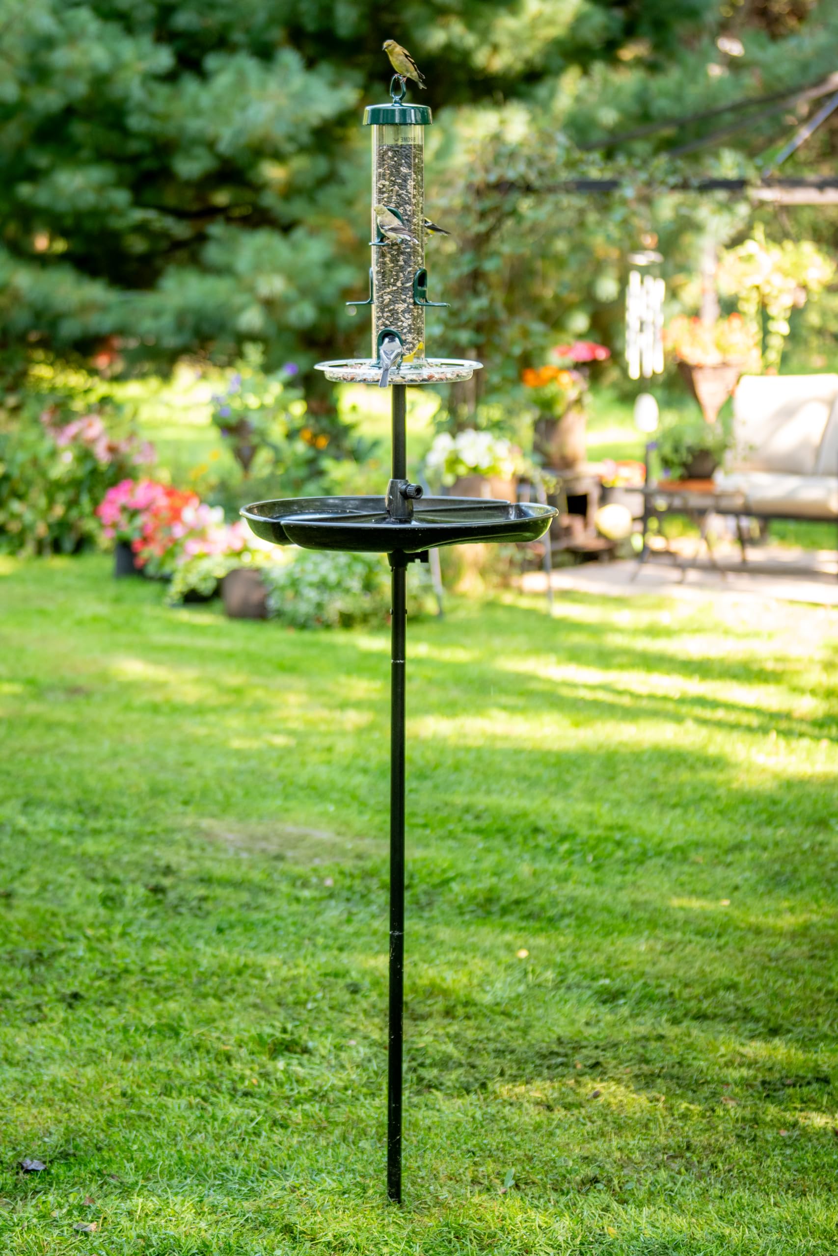 Brome Tube 200 feeder with optional seed tray reducing waste.