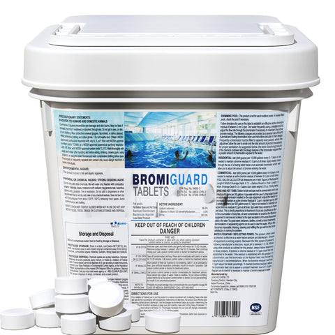 BROMIGUARD 1-inch bromine tablets packaging for spa and pool sanitation.
