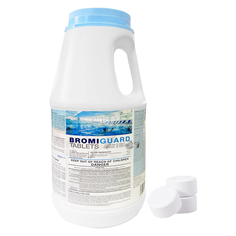 BROMIGUARD bromine tablets in a 1-inch bucket for hot tubs with easy maintenance.