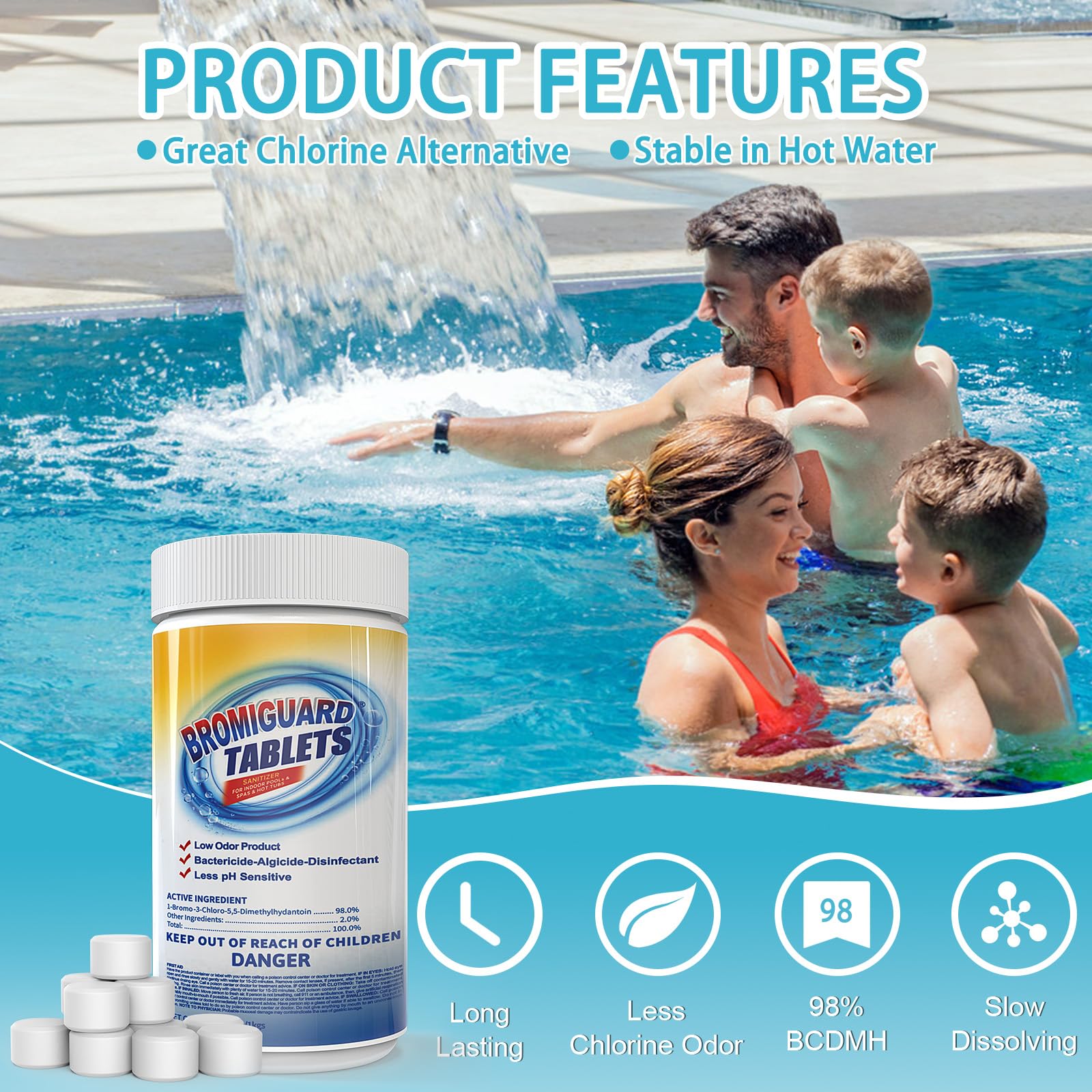 Tablet dissolving action demonstrates long-lasting spa sanitization from Bromiguard.