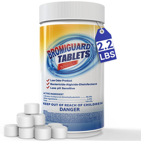 Bromiguard bromine tablets in a spa bag for stable hot tub sanitation.