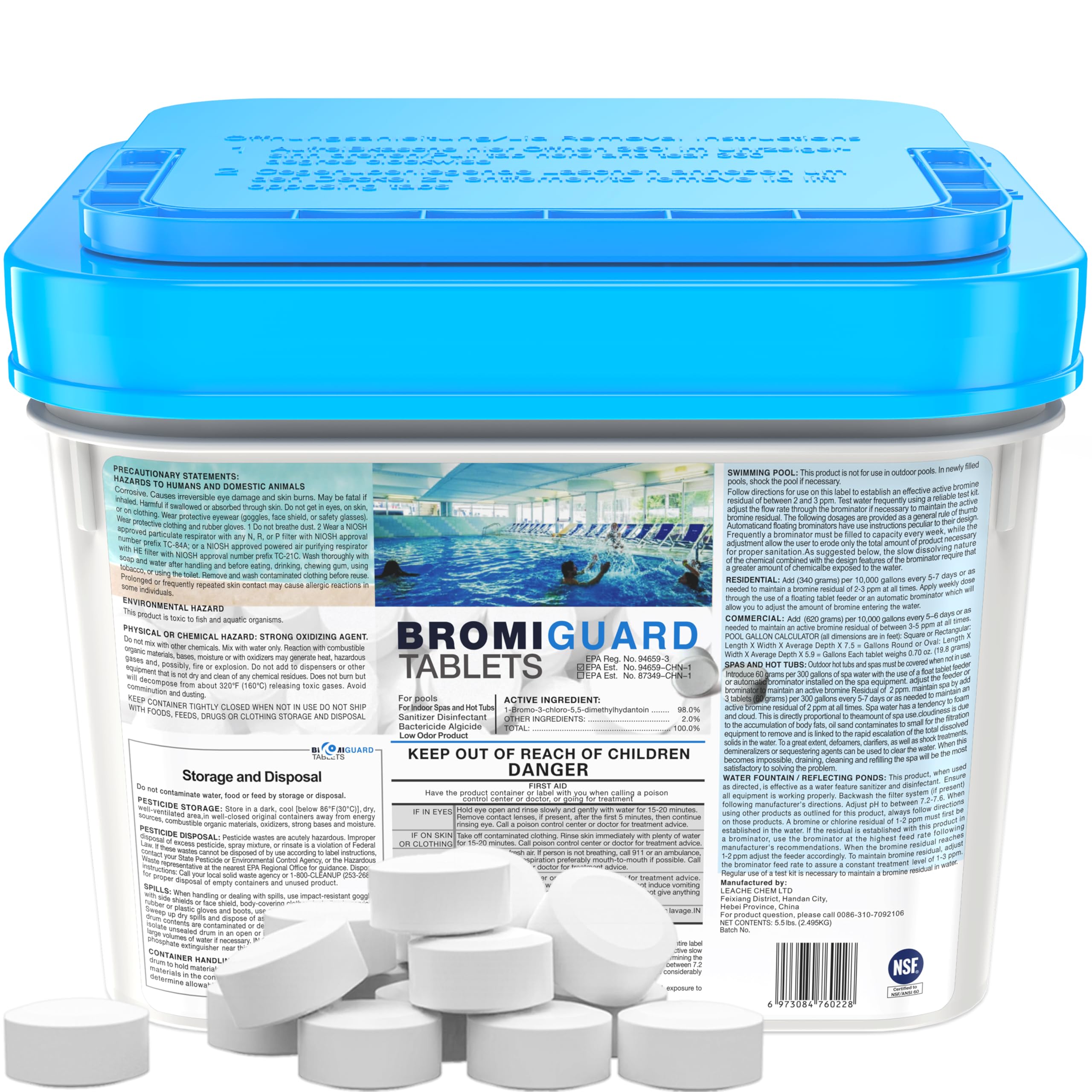 Bromiguard bromine tablets for spa and hot tub disinfection across wide pH ranges.