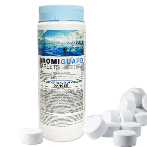 Bromiguard spa bromine tabs in bucket show bulk value for hot tubs.