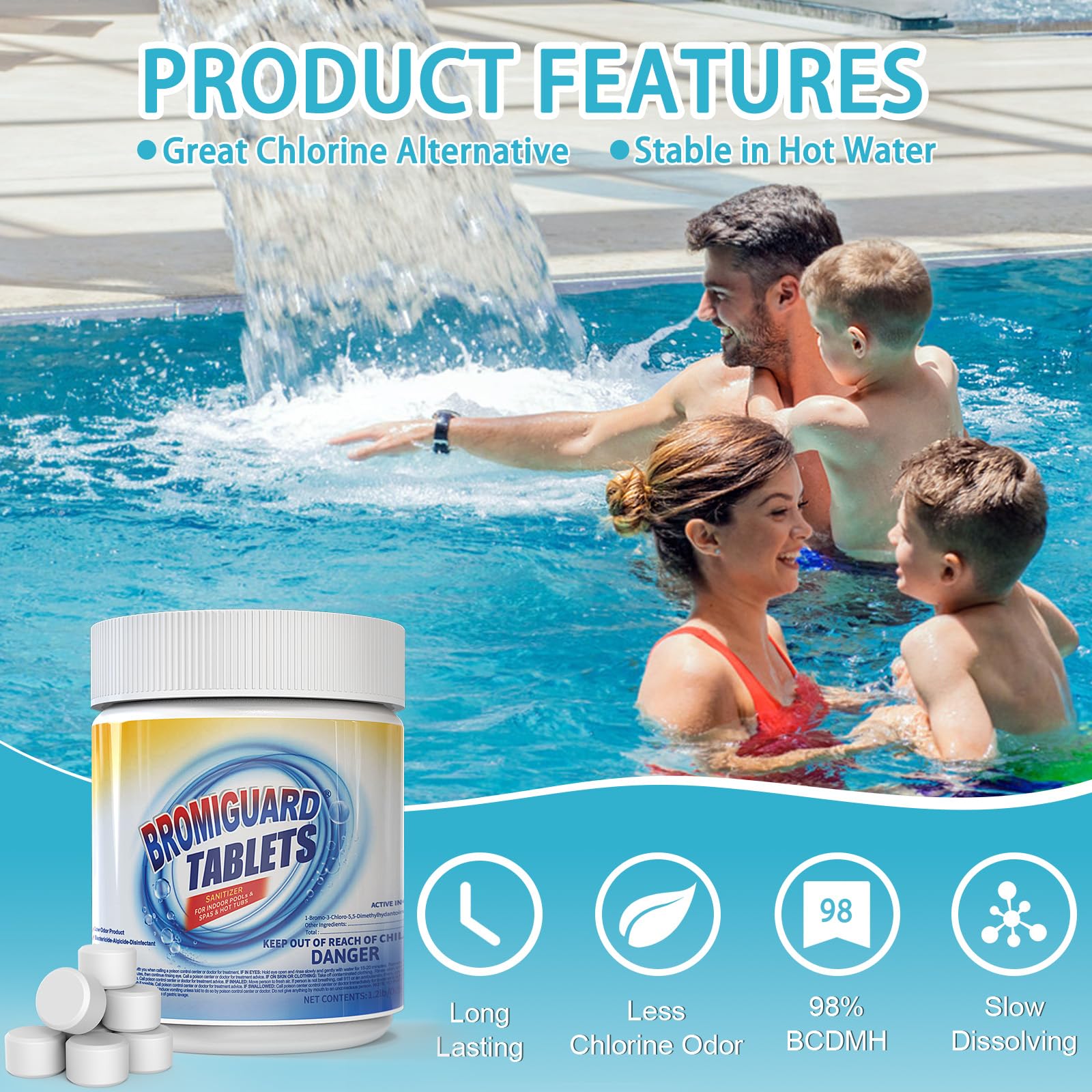Clear spa water appearance after using BROMIGUARD bromine tablets.