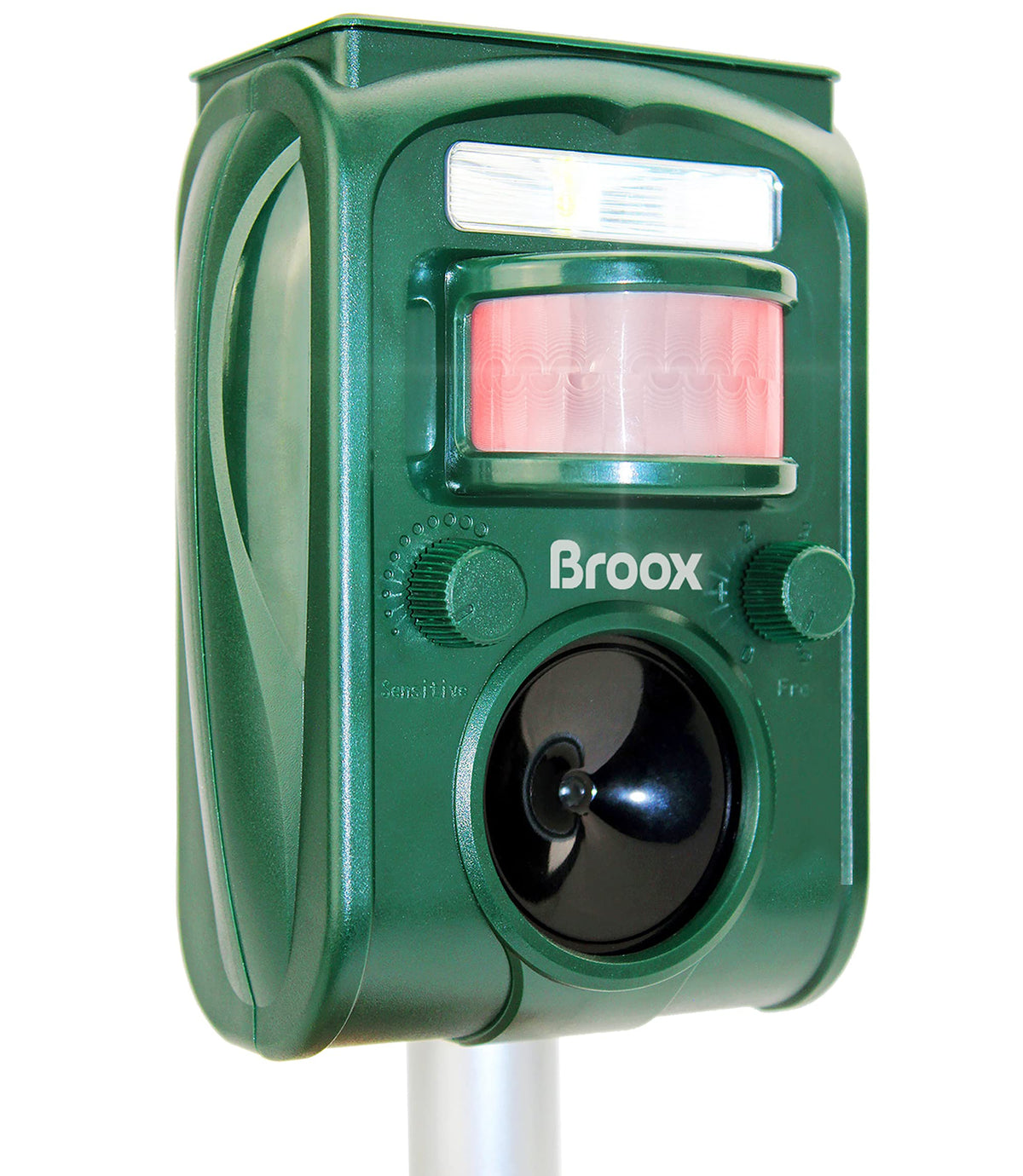 Broox solar animal repellent front view deters pests with motion-activated ultrasonic sound.