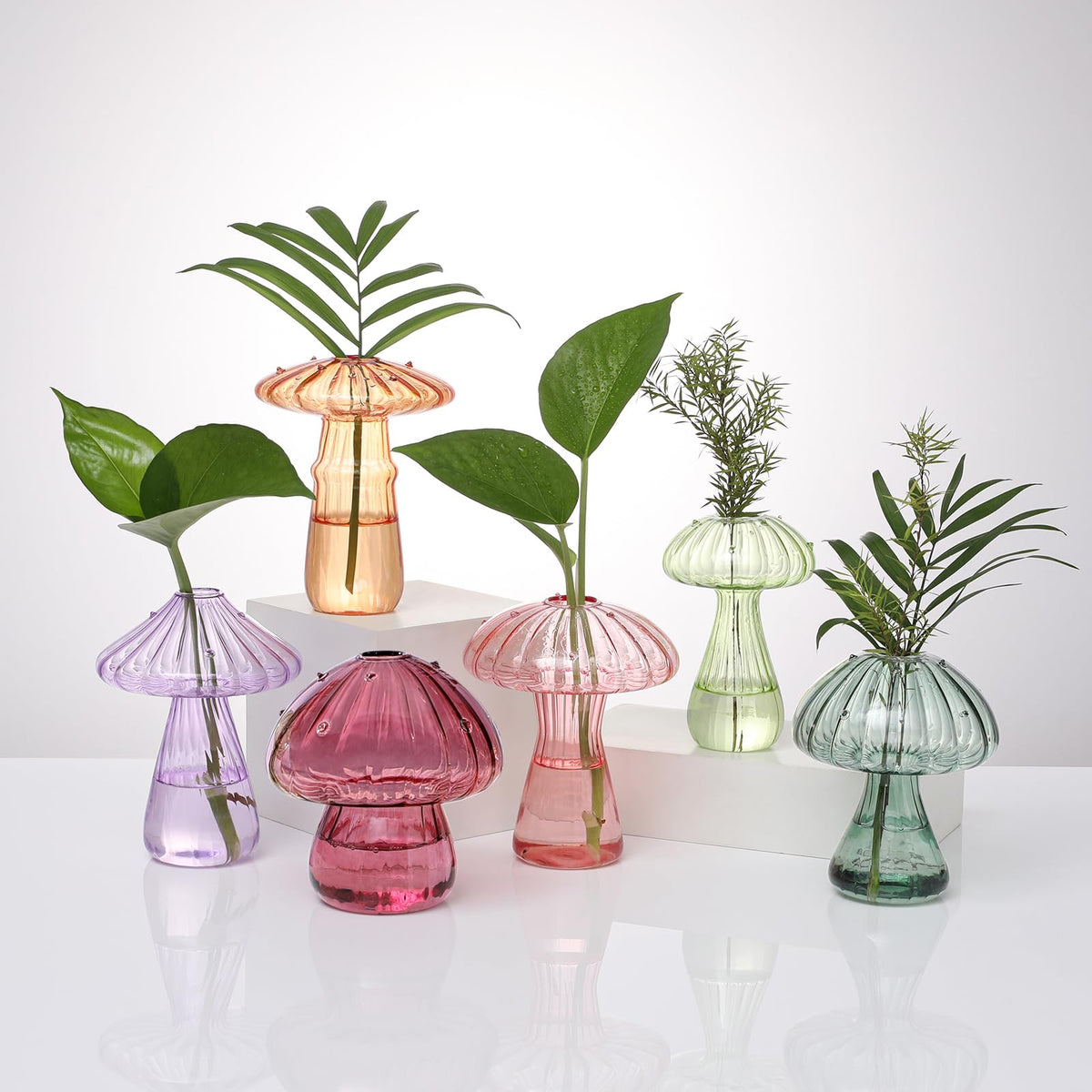 BROPGOD mushroom glass vase blue: stylish propagation station for small plants on desks.