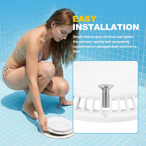 BROQIXIN white drain cover on a standard inground sump with deck alignment.
