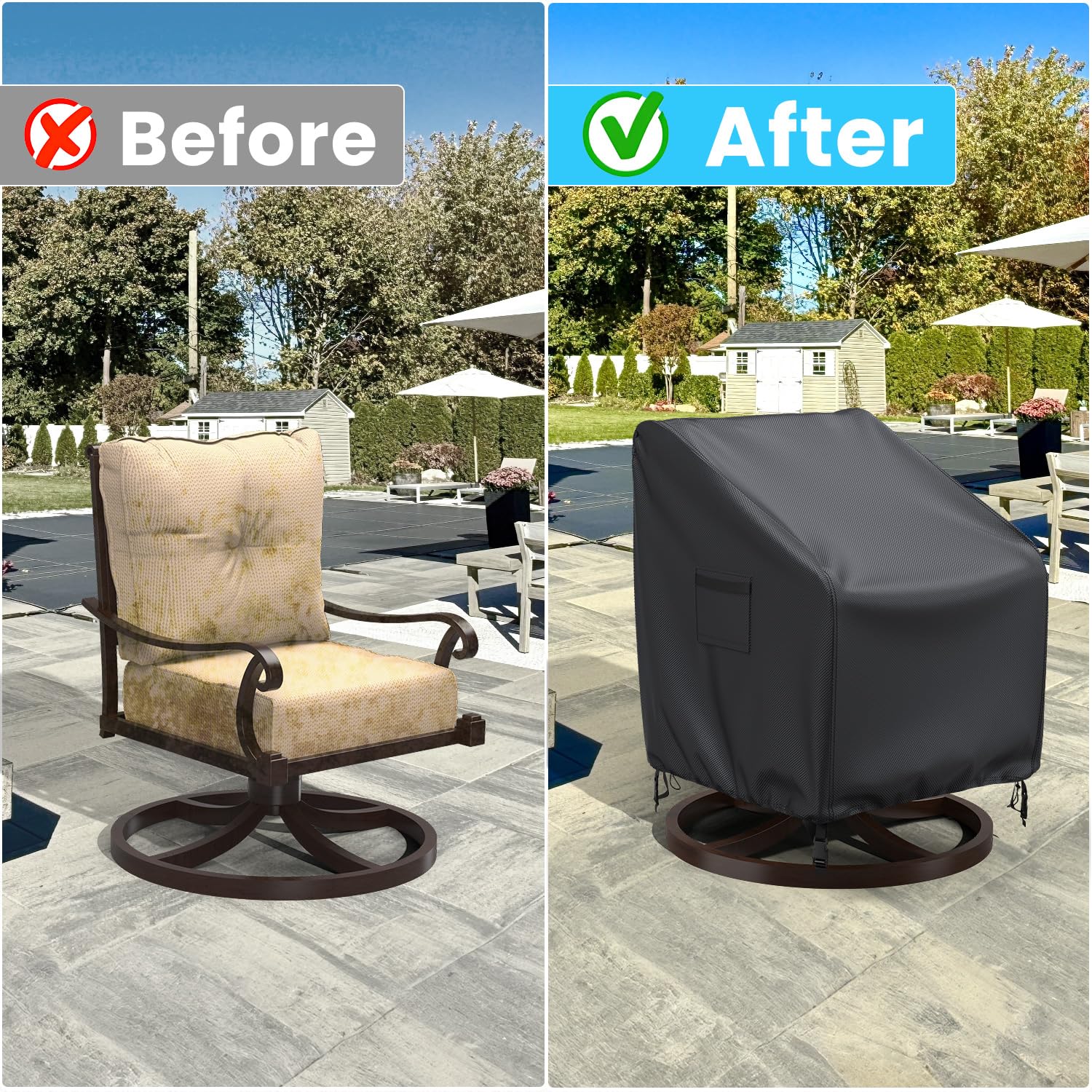 BROSYDA swivel chair cover fits most loungers, guiding size selection.