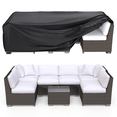 BROSYDA patio cover protecting a large sectional set and tables from rain