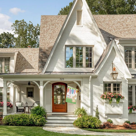BRRSSIO Easter flag in garden setting enhances porch and veranda décor.