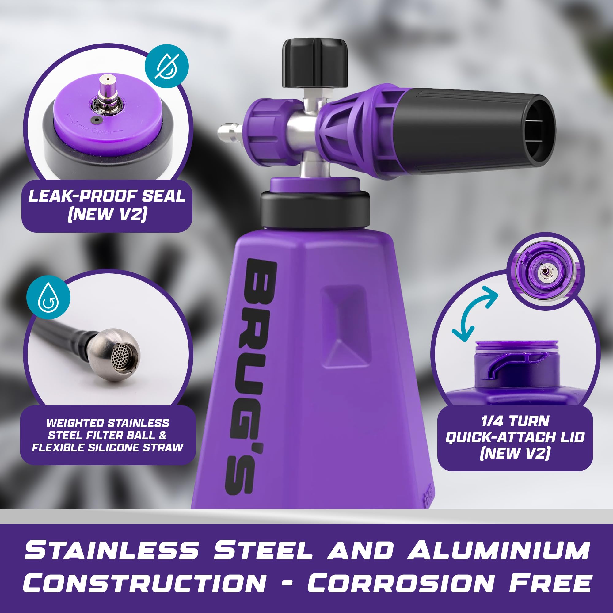 Brug's Pro Foam Cannon V2 shows adjustable spray pattern for versatile cleaning tasks.
