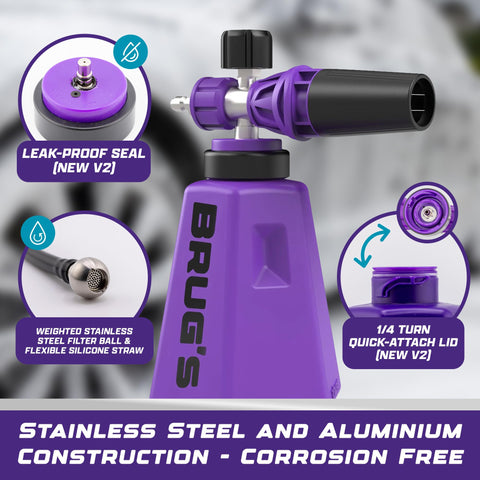 Brug's Pro Foam Cannon V2 shows adjustable spray pattern for versatile cleaning tasks.