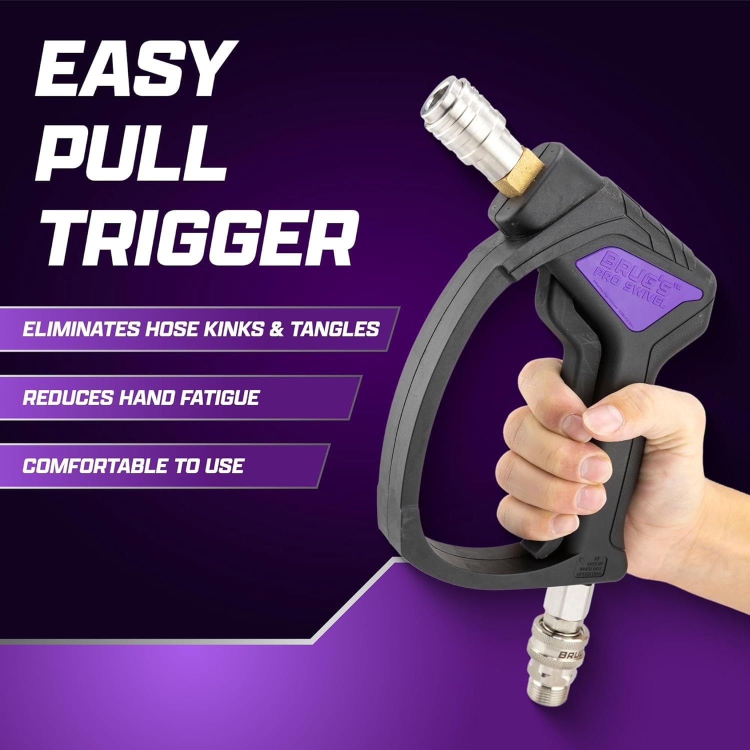 Brug's Pro Swivel Gun 360-degree swivel to prevent hose tangles during washing.