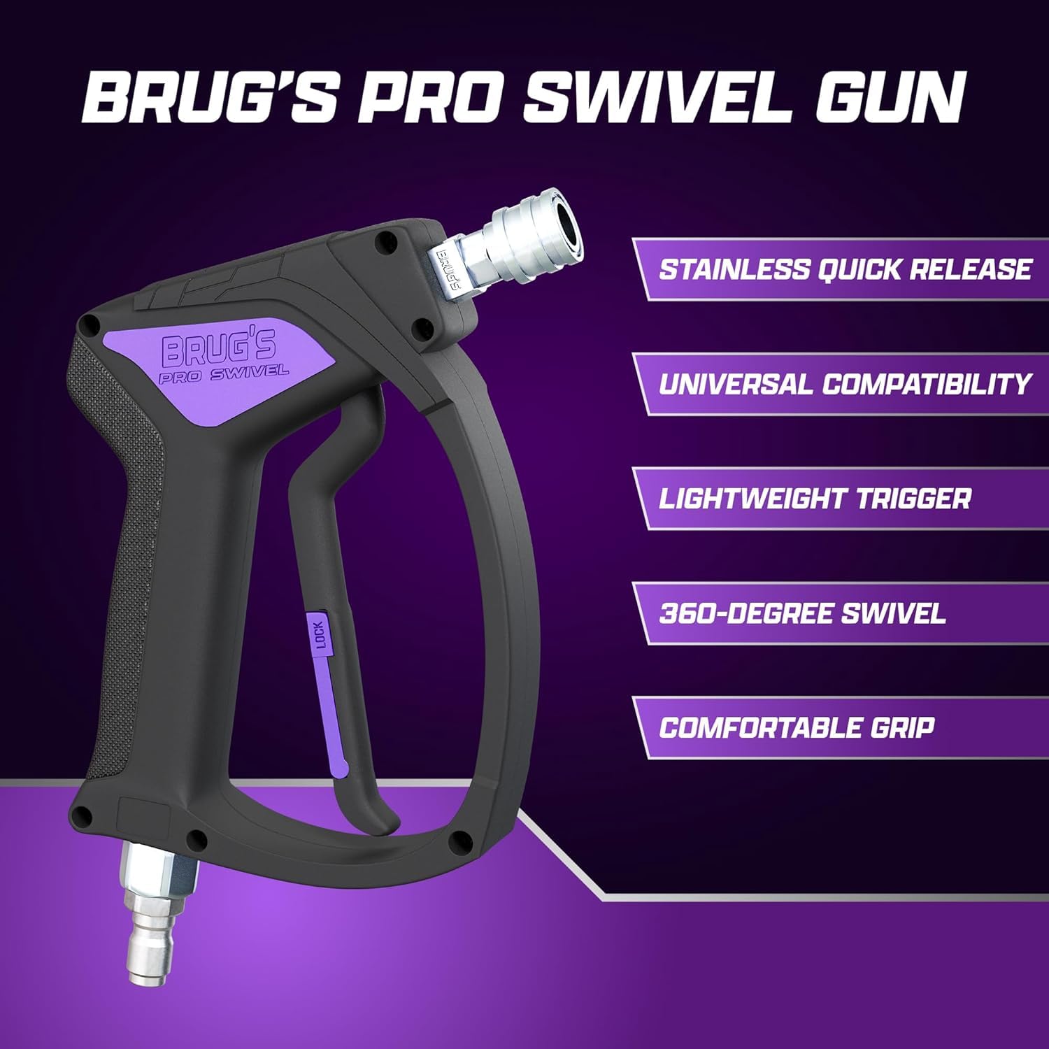 Brug's Pro Swivel Gun in car wash use demonstrating controlled cleaning.