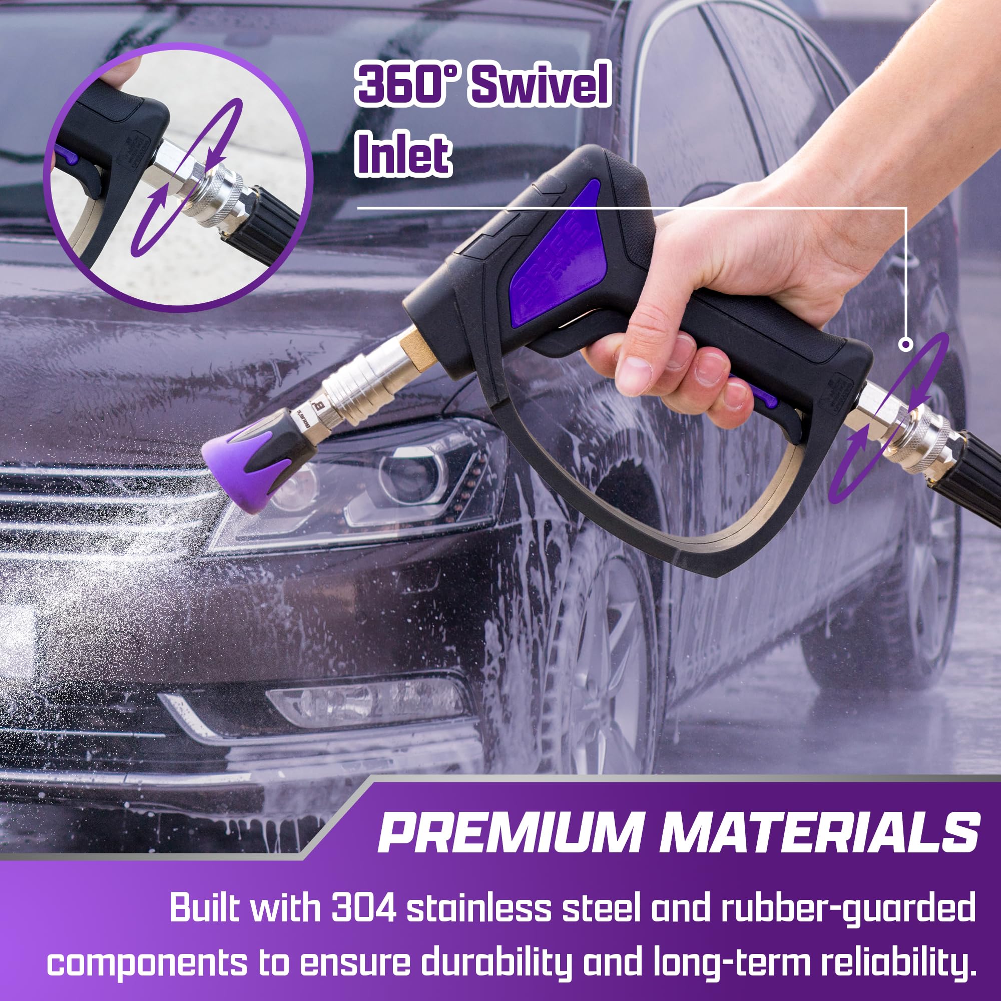 Brug's Pro Swivel Gun V2.0 in-use car wash setup illustrating quick setup and smooth operation.