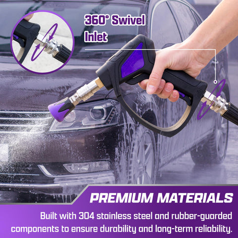 Brug's Pro Swivel Gun V2.0 in-use car wash setup illustrating quick setup and smooth operation.