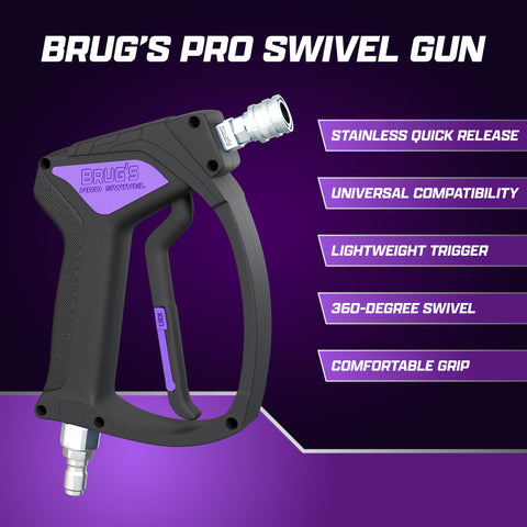 Brug's Pro Swivel Gun V2.0 side angle demonstrates 360° swivel to prevent hose tangles.