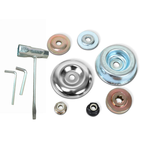 Brush Cutter Blade Adapter Kit model 1 contents for secure blade fit and easy installation.