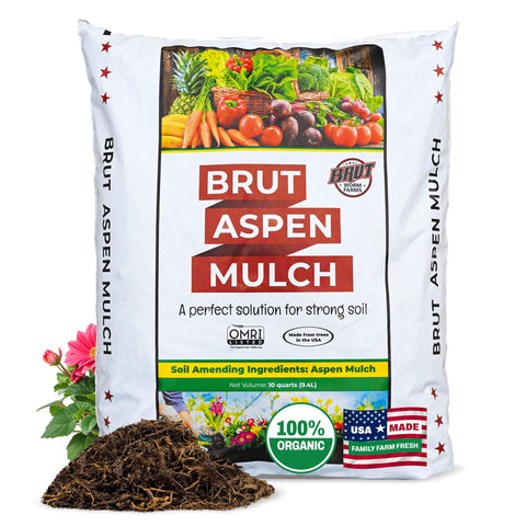 BRUT WORM FARMS Brut Organic Aspen Mulch 10 qt bag on display for moisture retention.