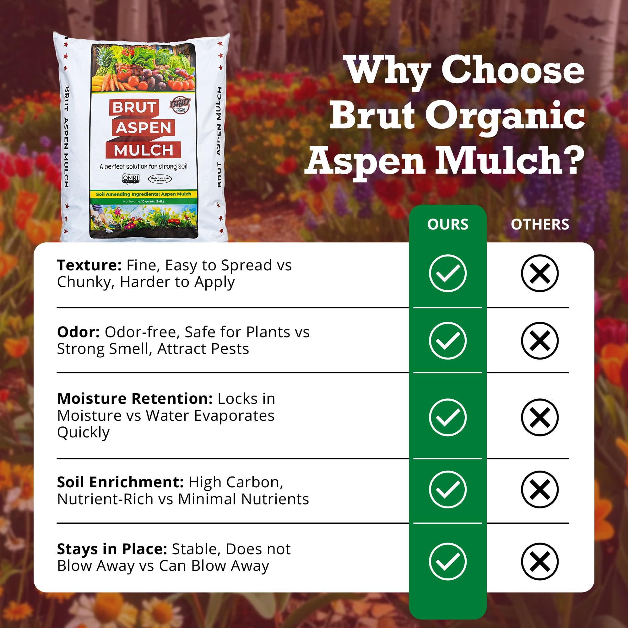 BRUT WORM FARMS Brut Organic Aspen Mulch OMRI-listed for organic gardening.