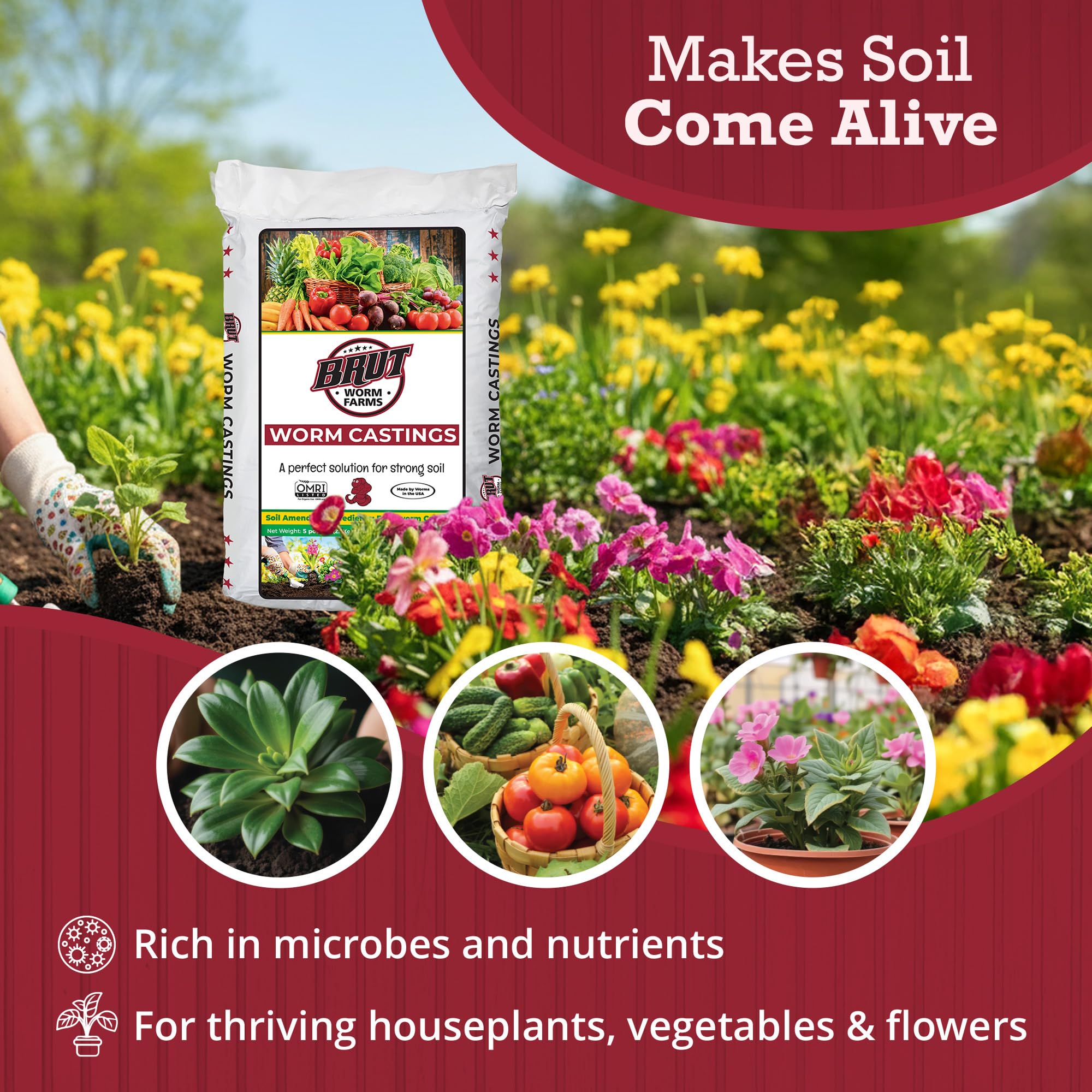 BRUT WORM FARMS indoor-outdoor use promotes nutrient-rich soil for stronger roots and lush growth.