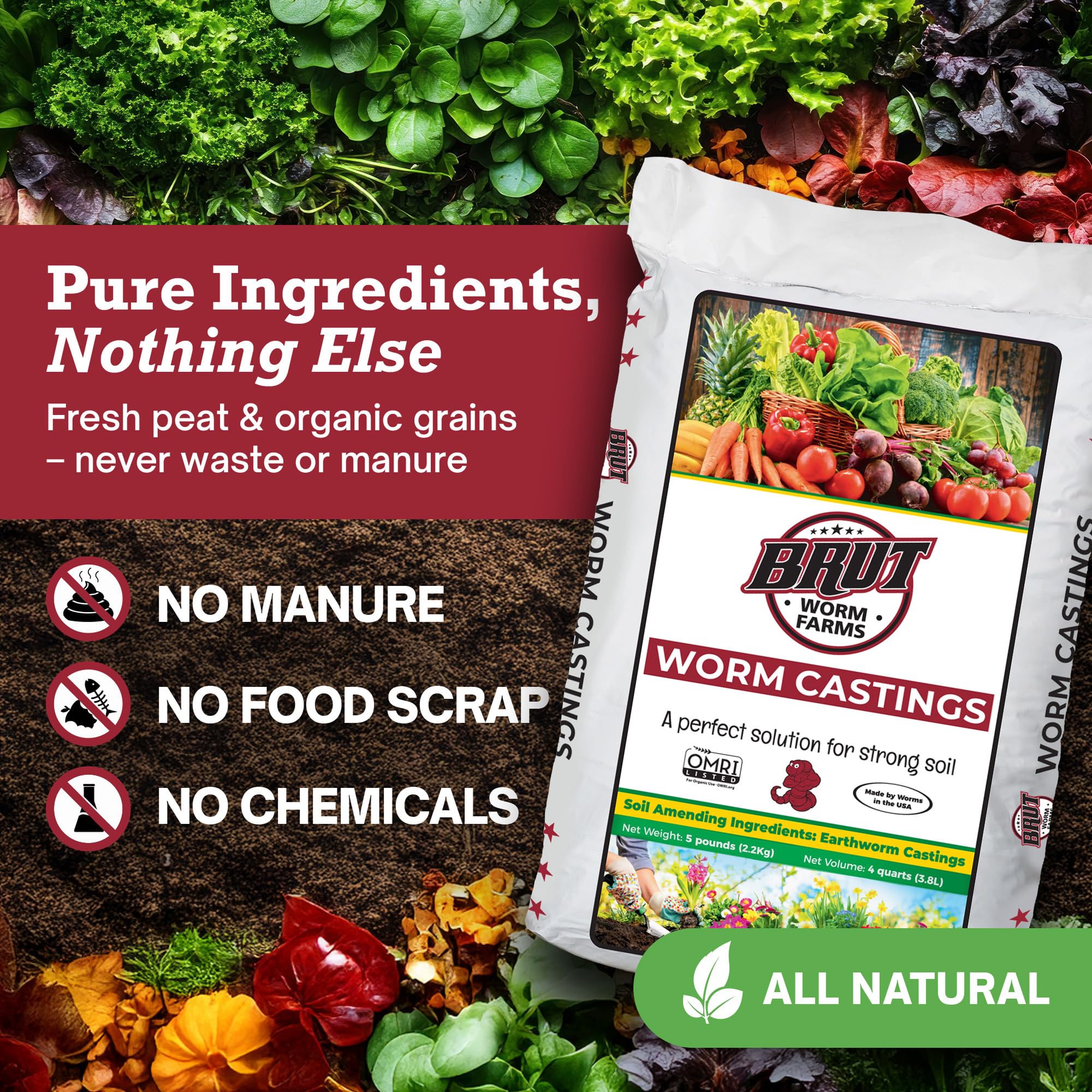 BRUT WORM FARMS mineral-rich worm castings support healthy soil structure and plant vitality.