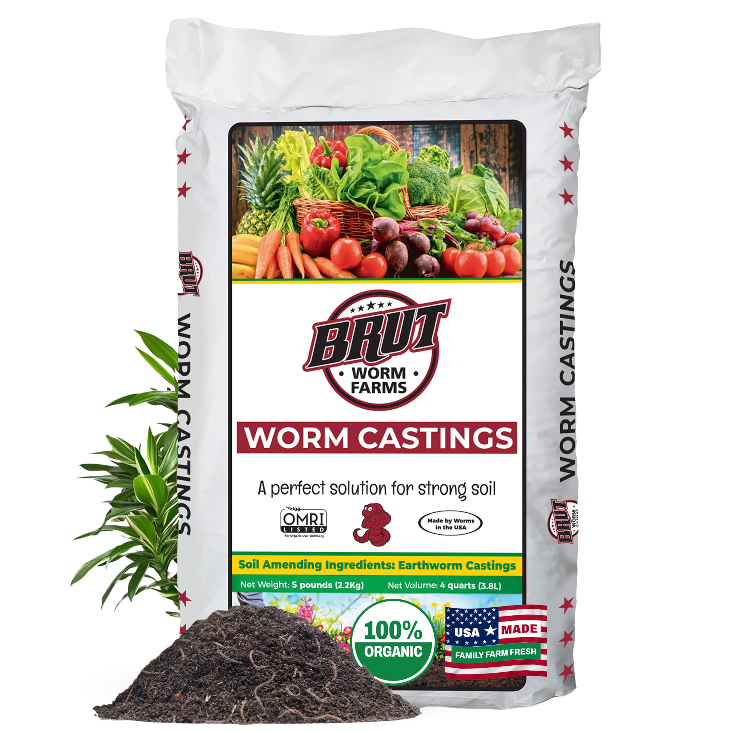 BRUT WORM FARMS organic worm castings 5lb bag boost soil fertility for thriving indoor and outdoor plants.