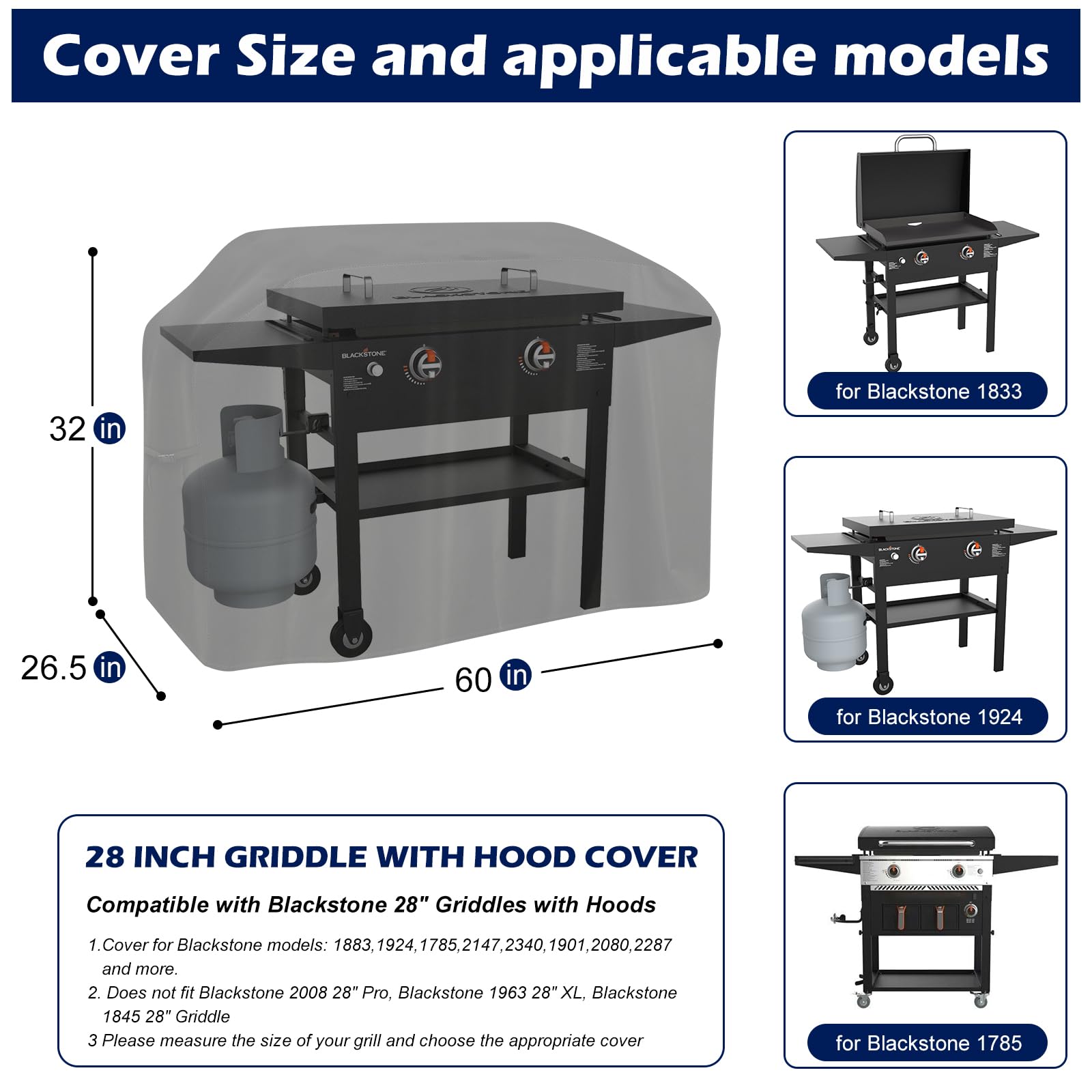 bruwaa heavy-duty 600D cover guards Blackstone 28-inch hood against wind and rain.