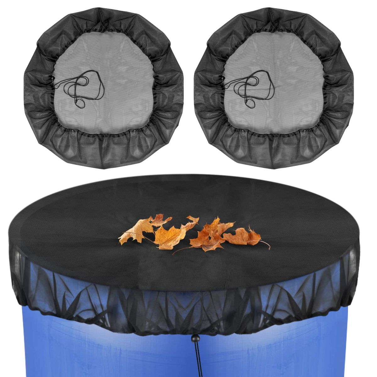 Bruwaa rain barrel mesh cover with drawstring protects against debris.