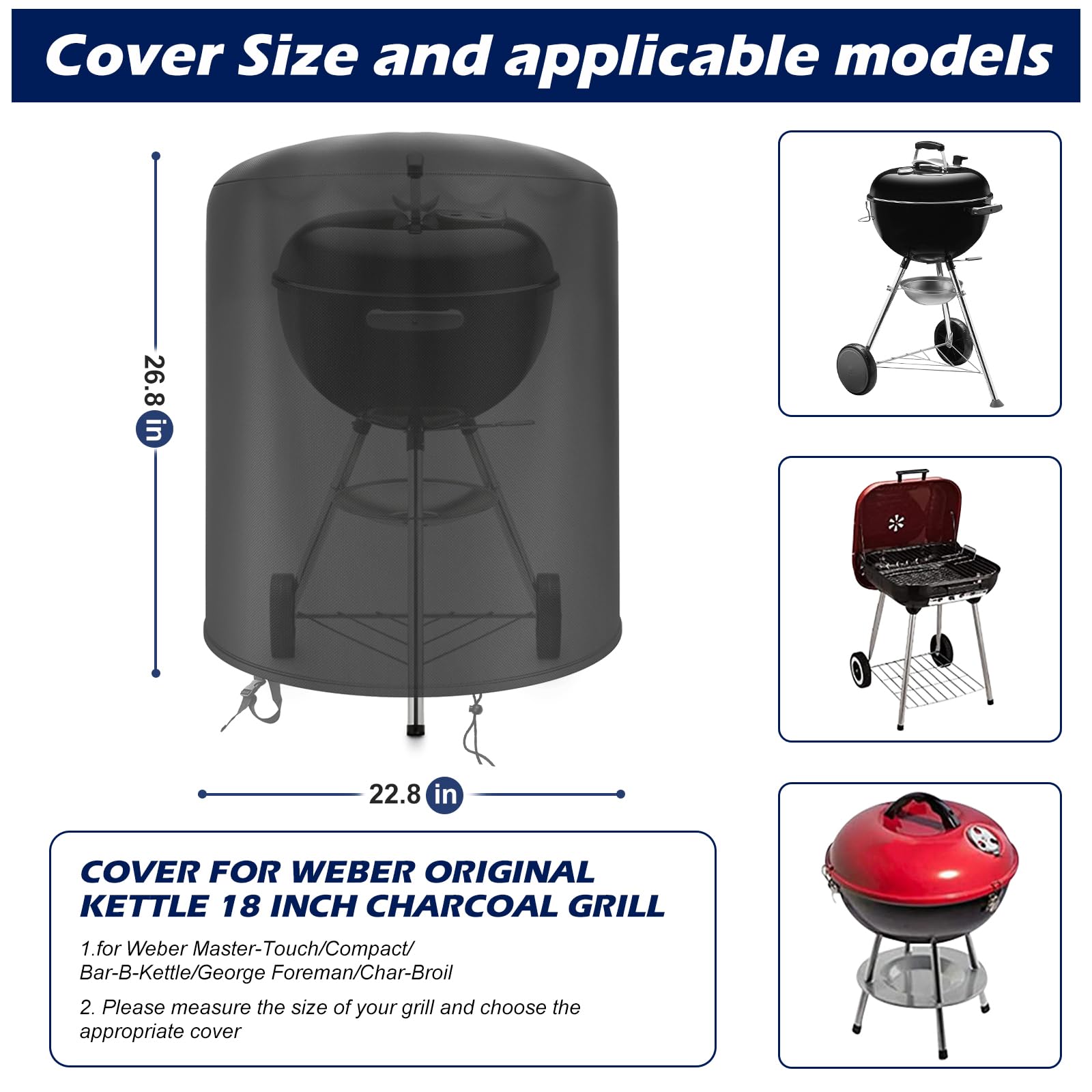 bruwaa Weber 18-inch charcoal kettle grill cover side view, secure fit withstands windy outdoor conditions