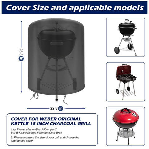 bruwaa Weber 18-inch charcoal kettle grill cover side view, secure fit withstands windy outdoor conditions