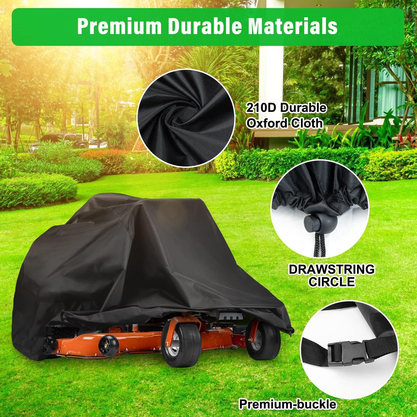 bruwaa mower cover close-up, reinforced ripstop seams for rugged outdoor durability