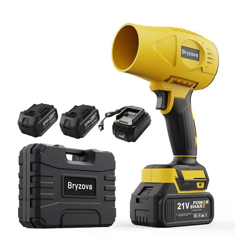 Bryzova 21V cordless leaf blower shows powerful air for fast yard cleanup.