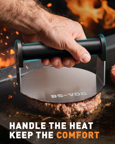 BS-VOG burger press shows cool-touch handle for safe grilling sessions.