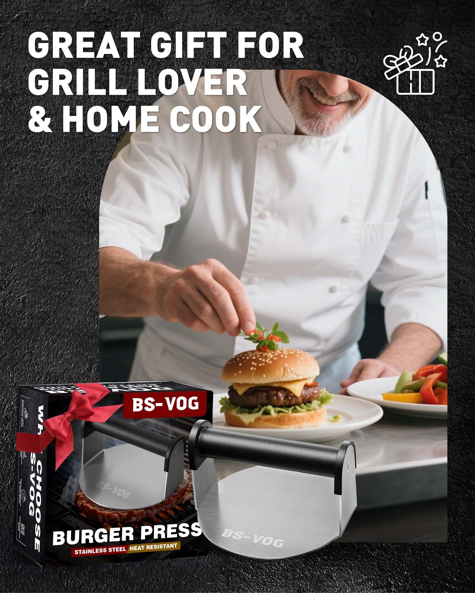 BS-VOG burger press gift-ready packaging for grill lovers and home chefs.