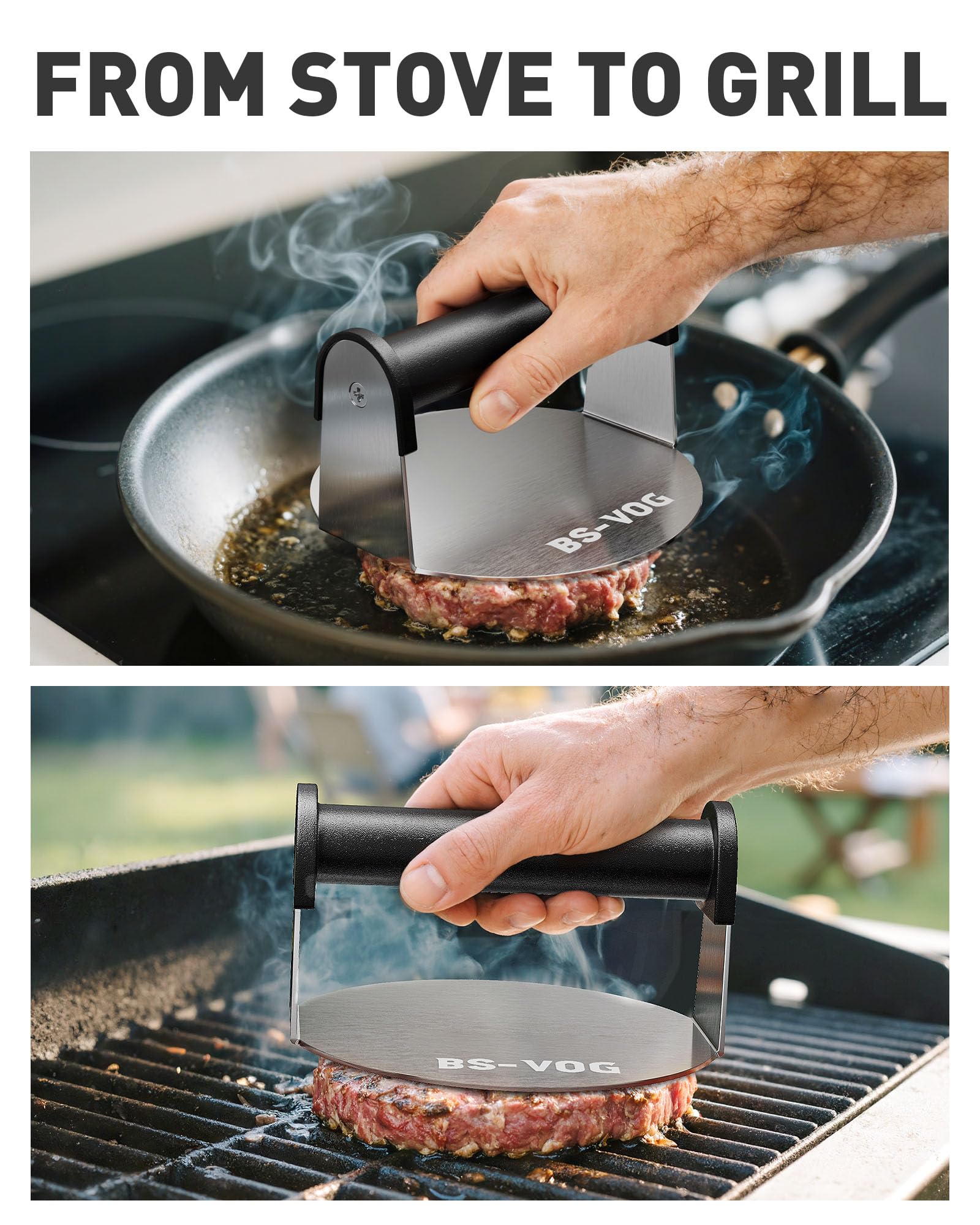 BS-VOG burger press used on a griddle for consistent results.