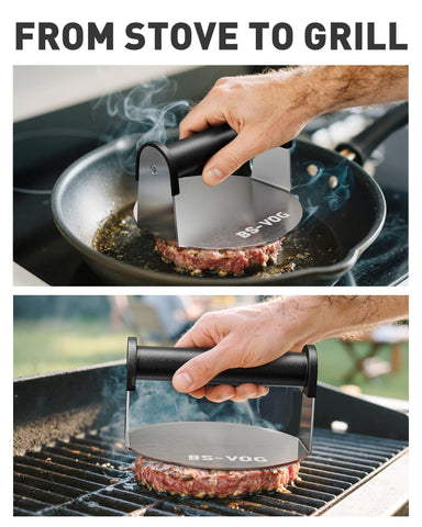 BS-VOG burger press used on a griddle for consistent results.